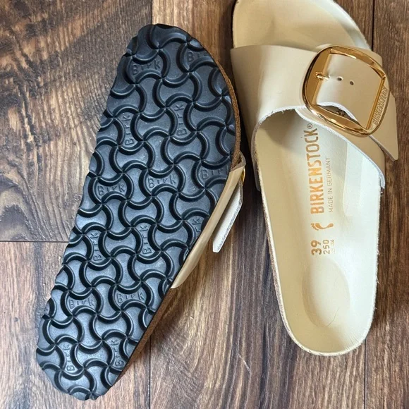 Birkenstock Cream Slide Sandals with Gold Buckles - Picture 2 of 3